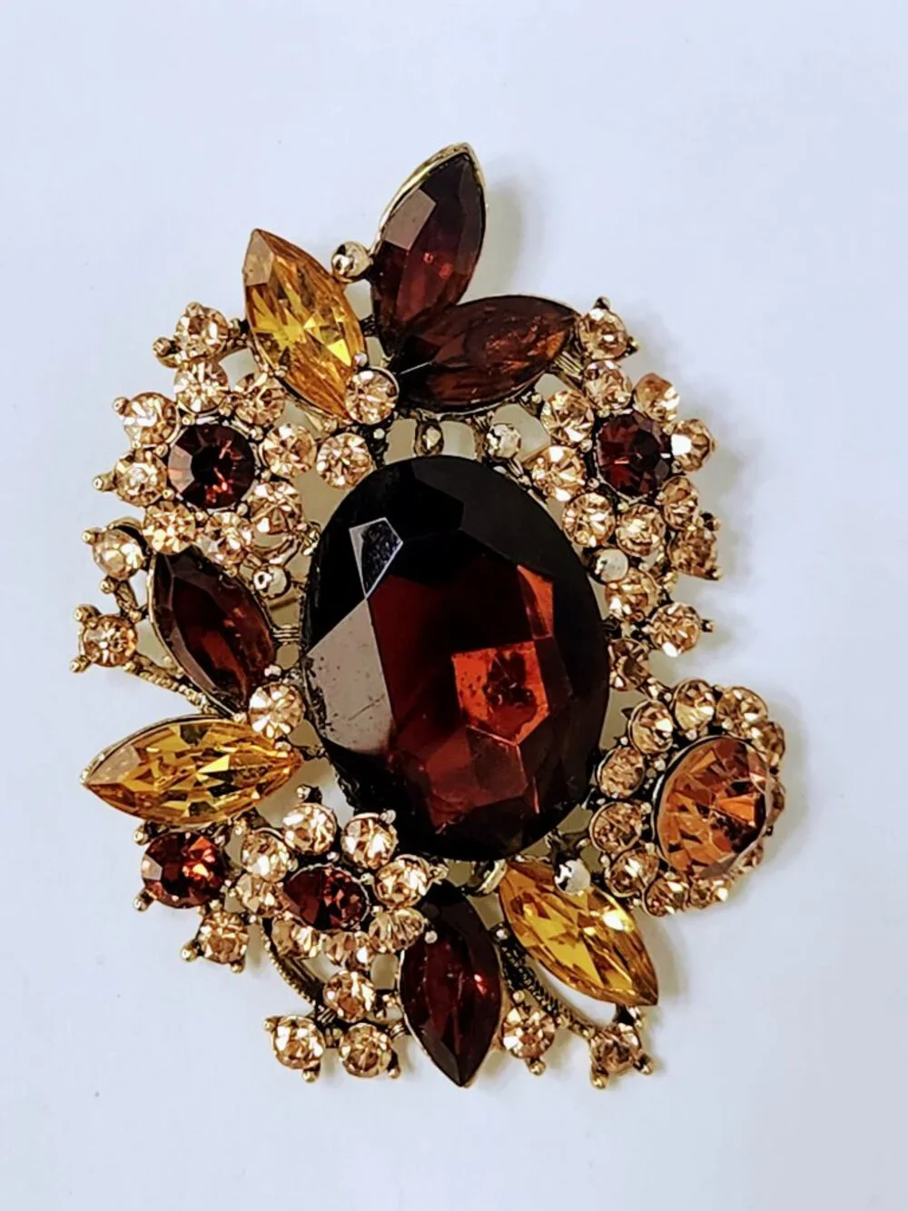 Ornate Amber & Smoky Brown Rhinestone Brooch/Pendant